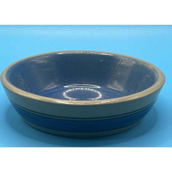 Handmade Stoneware Blue Stripe Rimmed Pet Dog Bowl Farmhouse Pottery Planter 5” - Picture 1 of 7
